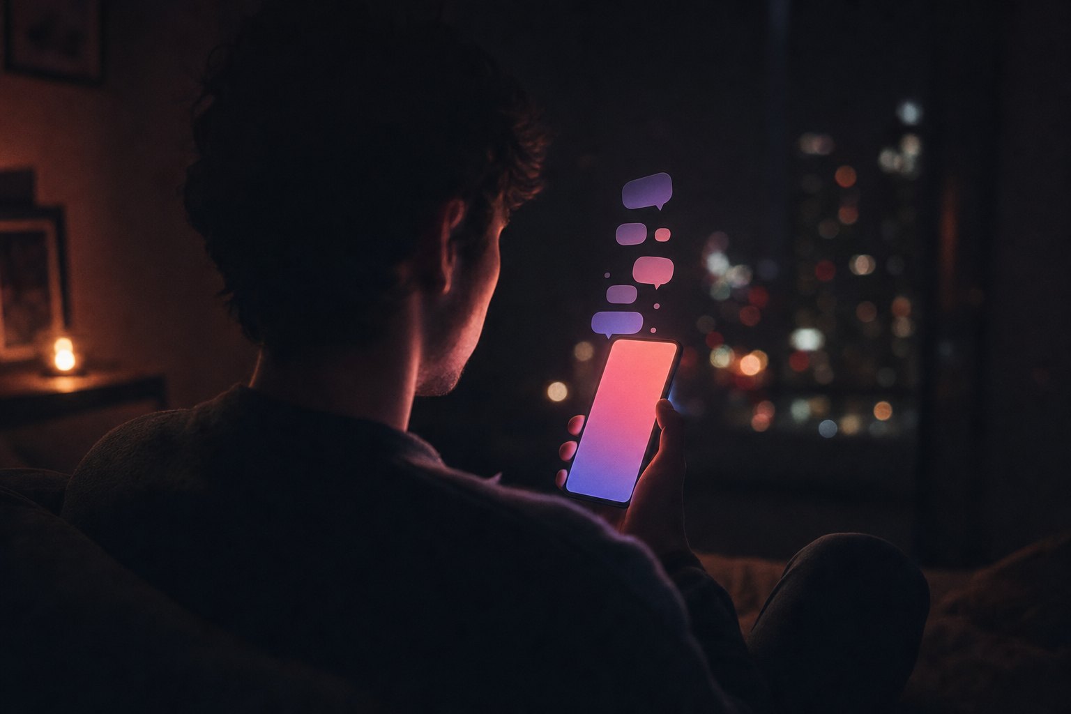 Person chatting with an AI companion app on a phone at night